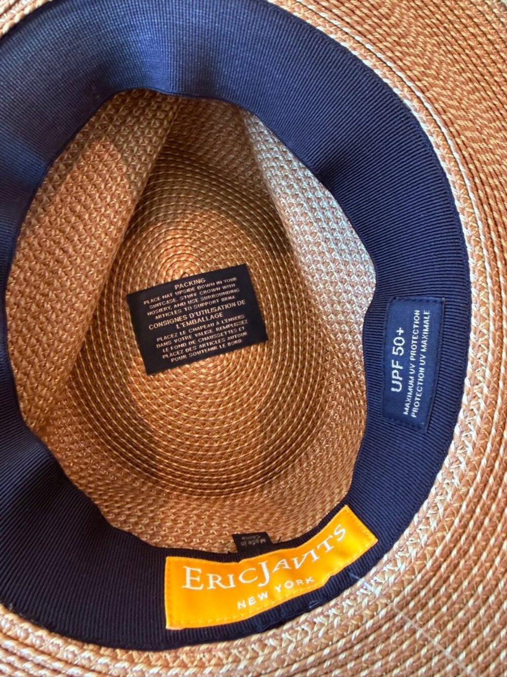 Eric Javits Squishee Straw Fedora Hat Natural Tan Black Band UPF 50+ NWT - Picture 4 of 4